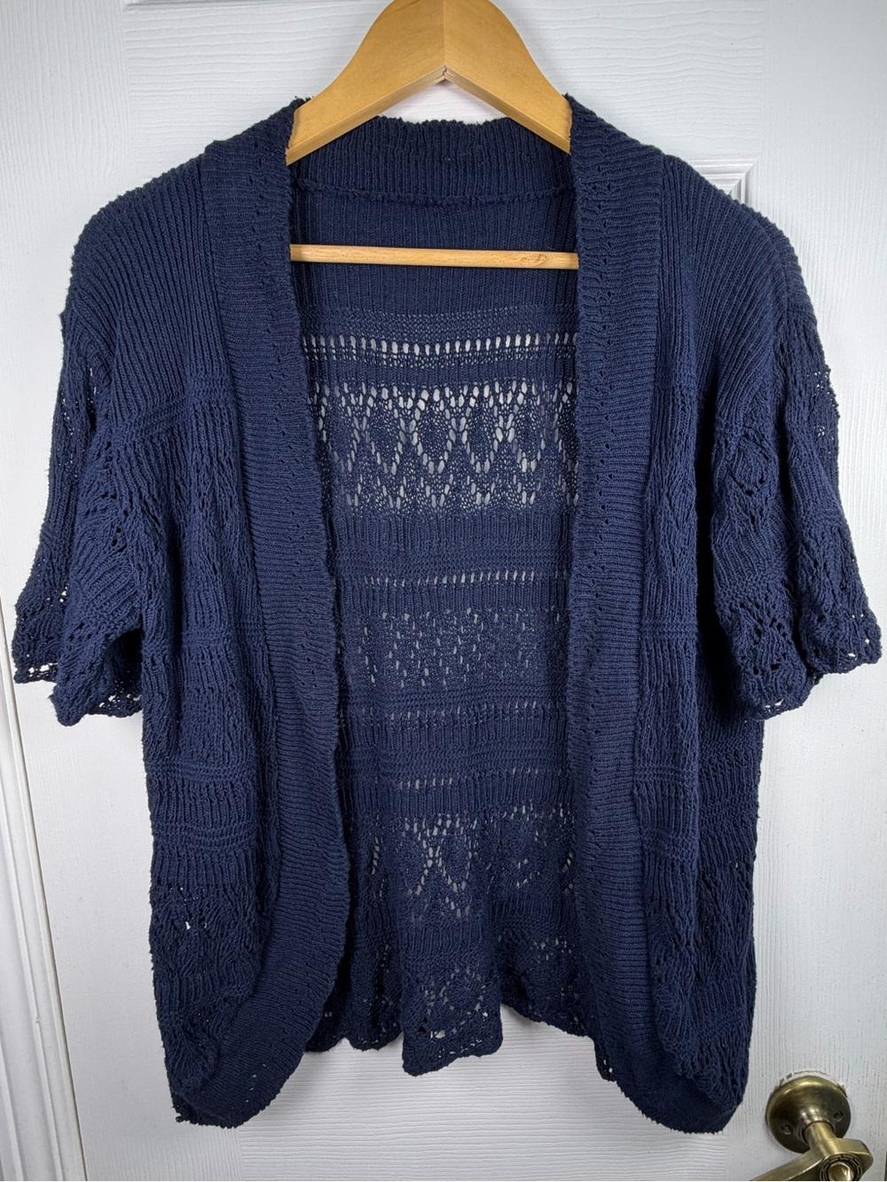 Navy Knit Cardigan Women M/L Open Front Lace Stitch Short Sleeve Boho Romantic